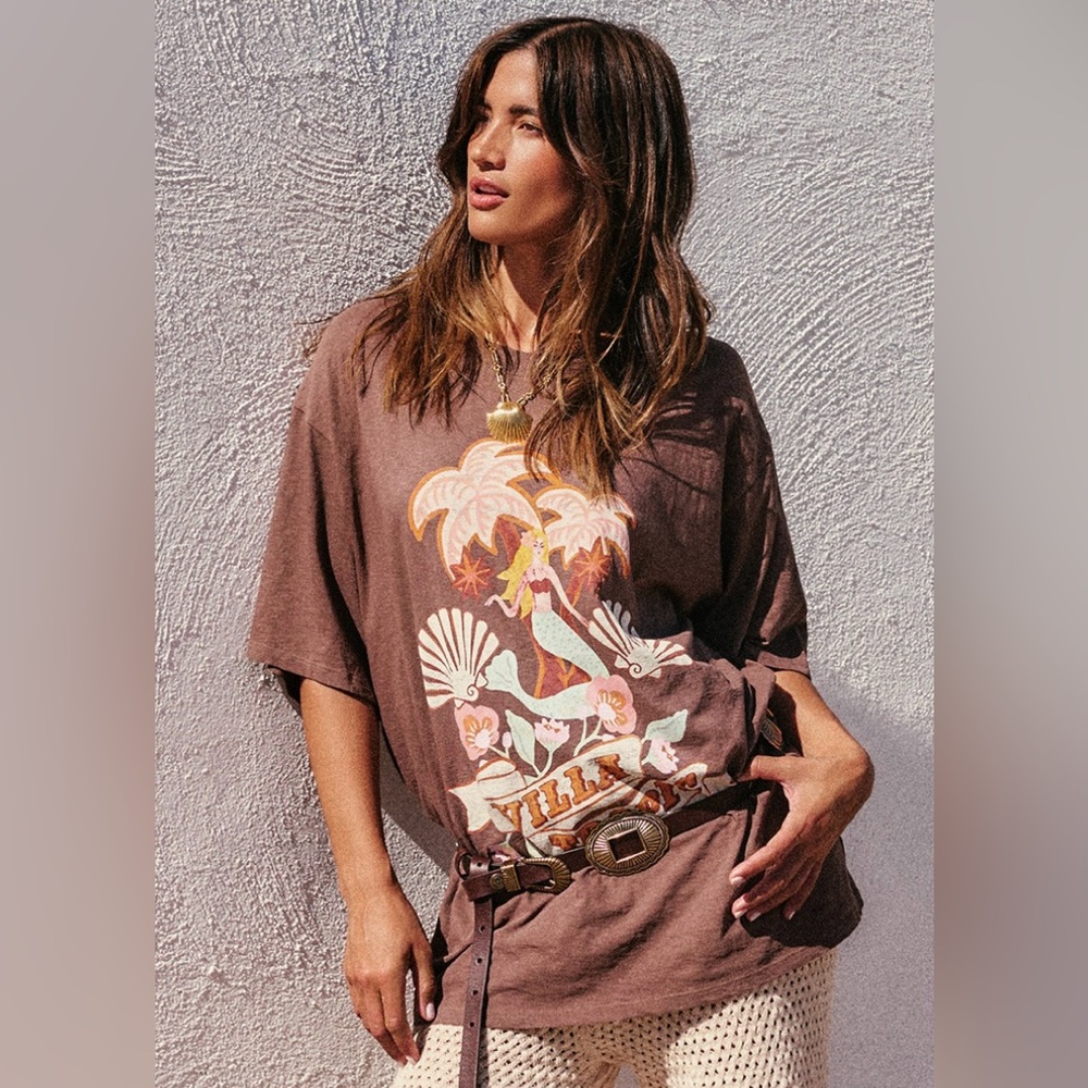 NWT Spell Villa Tropic Oversized Biker Tee Graphic Coffee Organic Cotton XS